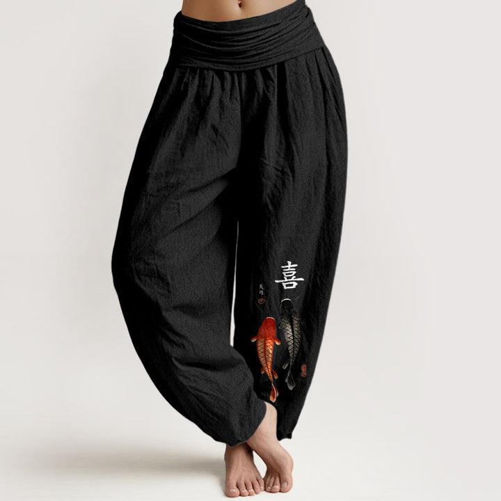 Buddha Stones Haremshose aus reiner Baumwolle mit schlichtem Koi-Fisch- und chinesischen Schriftzeichenmuster sowie elastischem Bund für Damen - Schwarz - US16, UK/AU20, EU48 (3XL) - image 5