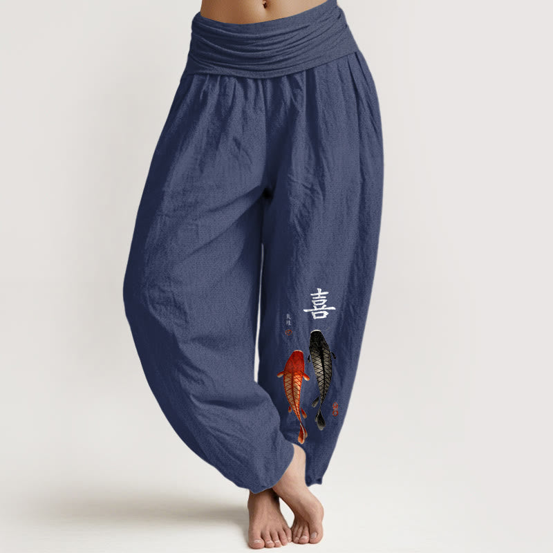Buddha Stones Haremshose aus reiner Baumwolle mit schlichtem Koi-Fisch- und chinesischen Schriftzeichenmuster sowie elastischem Bund für Damen - Dunkelschieferblau - US16, UK/AU20, EU48 (3XL) - image 8