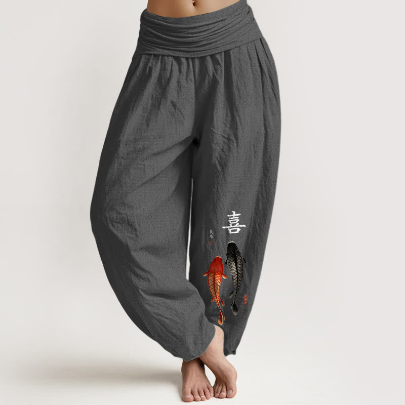 Buddha Stones Haremshose aus reiner Baumwolle mit schlichtem Koi-Fisch- und chinesischen Schriftzeichenmuster sowie elastischem Bund für Damen - DimGray - US16, UK/AU20, EU48 (3XL) - image 11