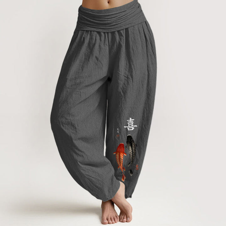 Buddha Stones Haremshose aus reiner Baumwolle mit schlichtem Koi-Fisch- und chinesischen Schriftzeichenmuster sowie elastischem Bund für Damen - DimGray - US16, UK/AU20, EU48 (3XL) - image 11