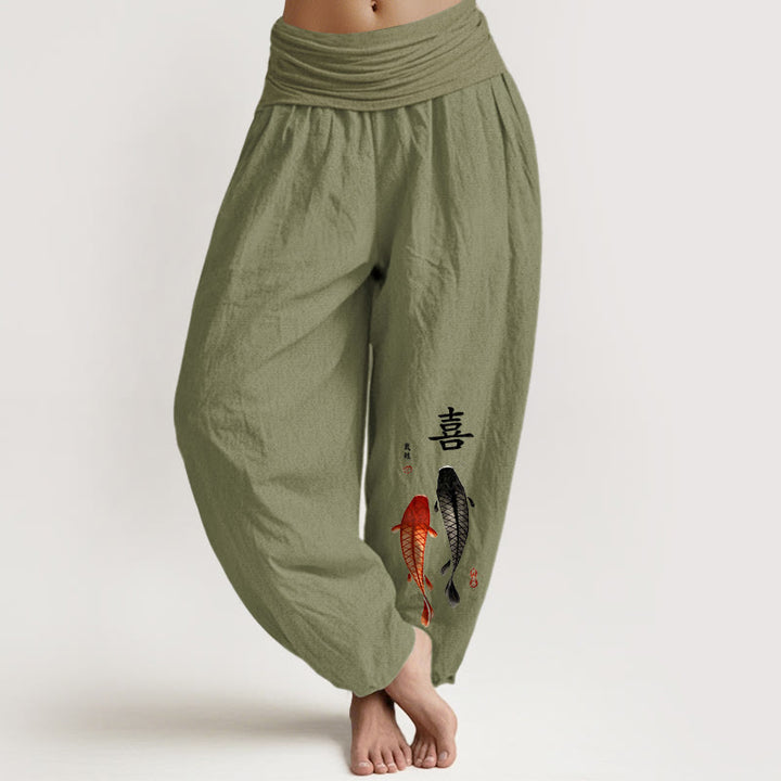 Buddha Stones Haremshose aus reiner Baumwolle mit schlichtem Koi-Fisch- und chinesischen Schriftzeichenmuster sowie elastischem Bund für Damen - Olivgrün - US16, UK/AU20, EU48 (3XL) - image 14