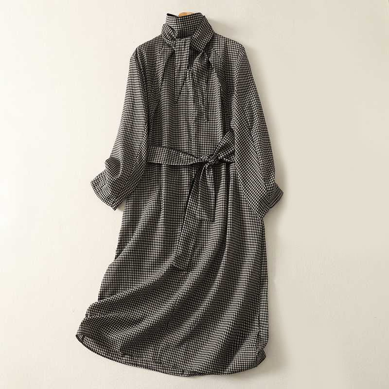 Buddha Stones Herbstkleid, schwarz-weiß kariert, hochgeschlossen, mit Schnürung, langen Ärmeln und Taschen - Schwarz - US14, UK/AU18, EU46 (2XL) - image 0