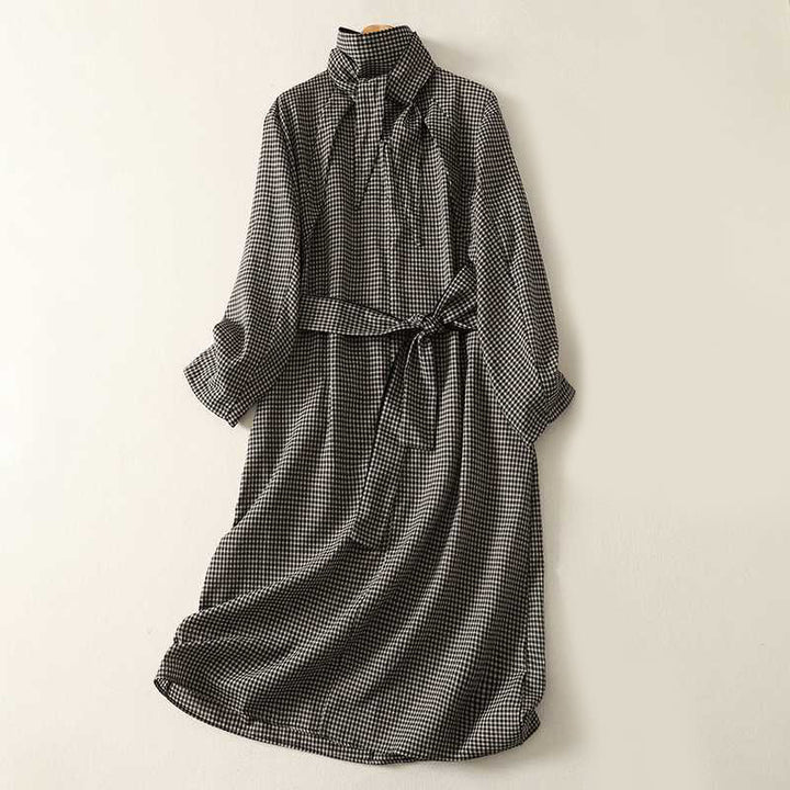 Buddha Stones Herbstkleid, schwarz-weiß kariert, hochgeschlossen, mit Schnürung, langen Ärmeln und Taschen - Schwarz - US14, UK/AU18, EU46 (2XL) - image 0