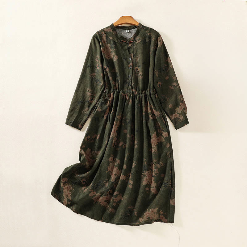 Buddha Stones Freizeitkleid mit Blumenmuster, Knöpfen, langen Ärmeln und Taschen - Olivgrün - US12, UK/AU16, EU44 (2XL) - image 0