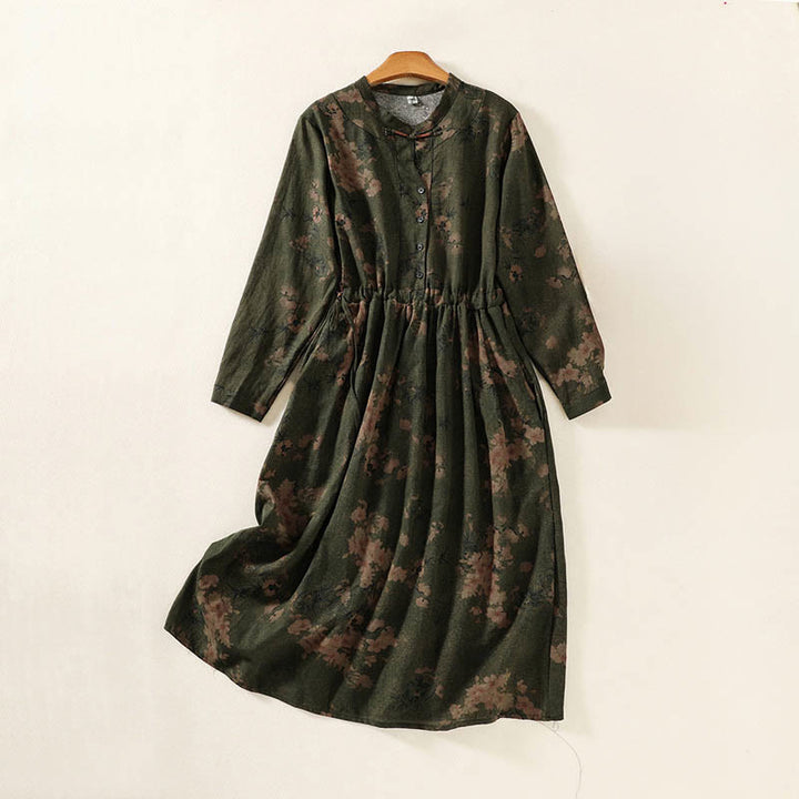 Buddha Stones Freizeitkleid mit Blumenmuster, Knöpfen, langen Ärmeln und Taschen - Olivgrün - US12, UK/AU16, EU44 (2XL) - image 0