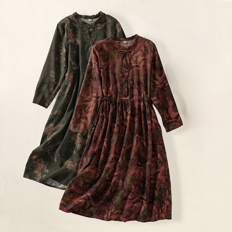 Buddha Stones Freizeitkleid mit Blumenmuster, Knöpfen, langen Ärmeln und Taschen - image 18
