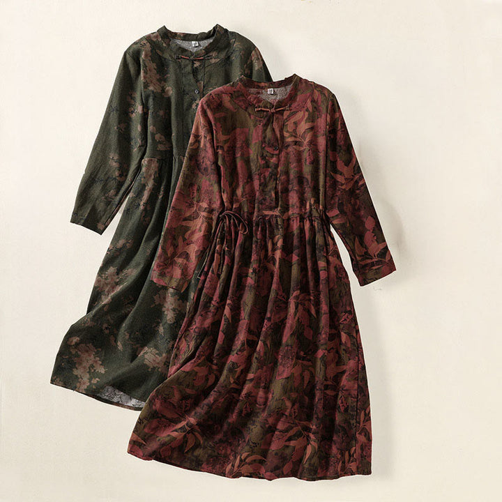 Buddha Stones Freizeitkleid mit Blumenmuster, Knöpfen, langen Ärmeln und Taschen - image 18