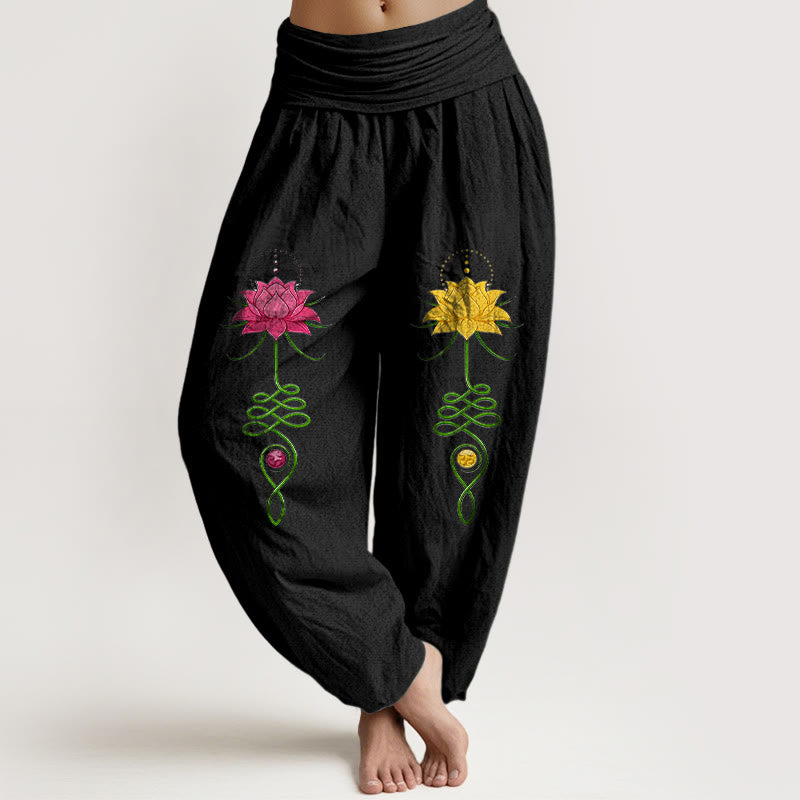 Buddha Stones Haremshose aus reiner Baumwolle mit starkem Farbkontrast und Lotusblumenmuster, elastischem Bund für Damen - Schwarz - US16, UK/AU20, EU48 (3XL) - image 0