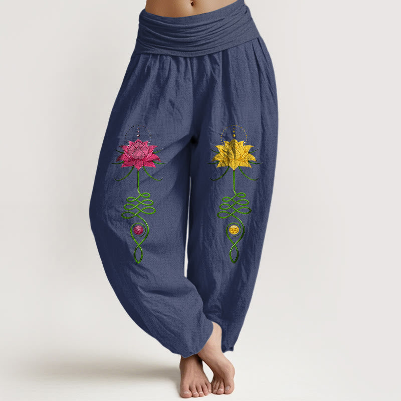 Buddha Stones Haremshose aus reiner Baumwolle mit starkem Farbkontrast und Lotusblumenmuster, elastischem Bund für Damen - Dunkelschieferblau - US16, UK/AU20, EU48 (3XL) - image 5