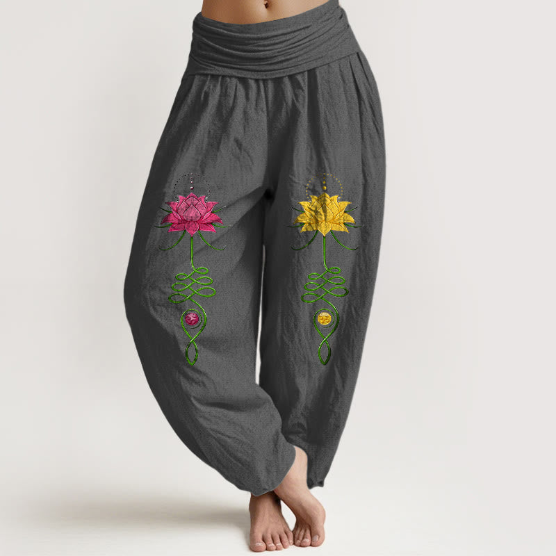 Buddha Stones Haremshose aus reiner Baumwolle mit starkem Farbkontrast und Lotusblumenmuster, elastischem Bund für Damen - DimGray - US16, UK/AU20, EU48 (3XL) - image 8