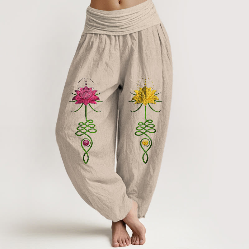 Buddha Stones Haremshose aus reiner Baumwolle mit starkem Farbkontrast und Lotusblumenmuster, elastischem Bund für Damen - Bräunen - US16, UK/AU20, EU48 (3XL) - image 11