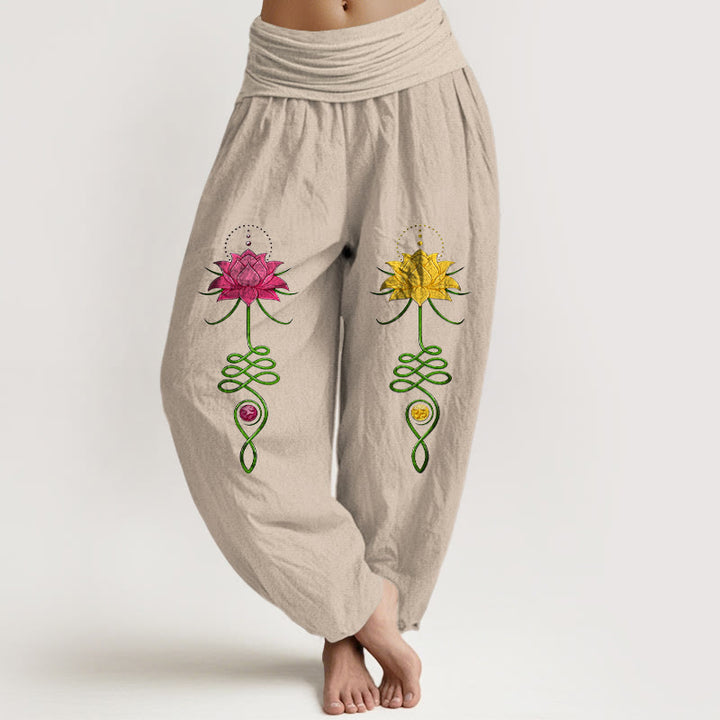 Buddha Stones Haremshose aus reiner Baumwolle mit starkem Farbkontrast und Lotusblumenmuster, elastischem Bund für Damen - Bräunen - US16, UK/AU20, EU48 (3XL) - image 11