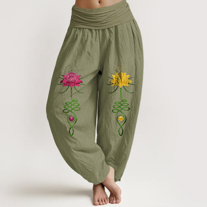 Buddha Stones Haremshose aus reiner Baumwolle mit starkem Farbkontrast und Lotusblumenmuster, elastischem Bund für Damen - Olivgrün - US16, UK/AU20, EU48 (3XL) - image 14