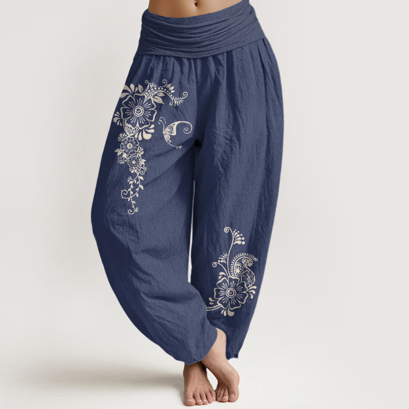 Buddha Stones Haremshose aus reiner Baumwolle mit schlichtem, elegantem Blumen-, Schmetterlings- und Rankenmuster sowie elastischem Bund. - Dunkelschieferblau - US16, UK/AU20, EU48 (3XL) - image 0