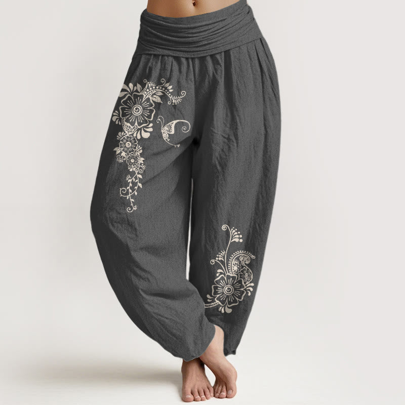 Buddha Stones Haremshose aus reiner Baumwolle mit schlichtem, elegantem Blumen-, Schmetterlings- und Rankenmuster sowie elastischem Bund. - DimGray - US16, UK/AU20, EU48 (3XL) - image 8