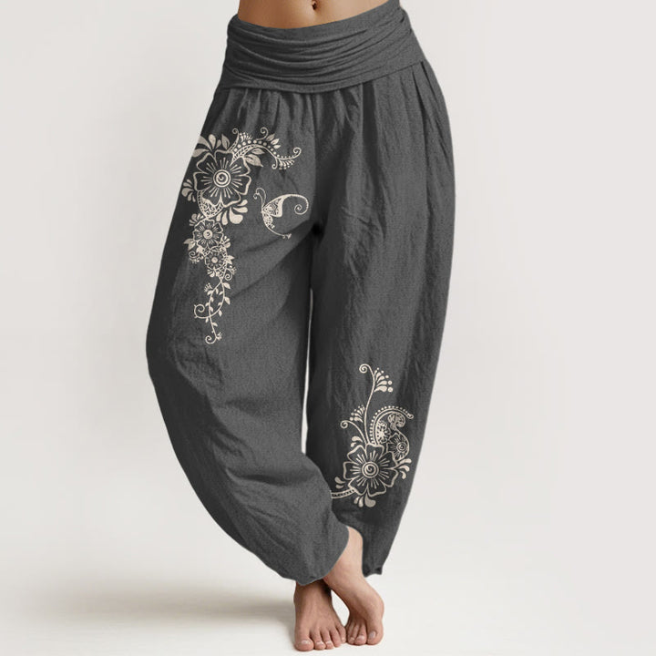 Buddha Stones Haremshose aus reiner Baumwolle mit schlichtem, elegantem Blumen-, Schmetterlings- und Rankenmuster sowie elastischem Bund. - DimGray - US16, UK/AU20, EU48 (3XL) - image 8
