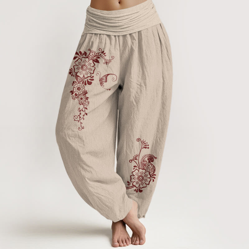 Buddha Stones Haremshose aus reiner Baumwolle mit schlichtem, elegantem Blumen-, Schmetterlings- und Rankenmuster sowie elastischem Bund. - Bräunen - US16, UK/AU20, EU48 (3XL) - image 11