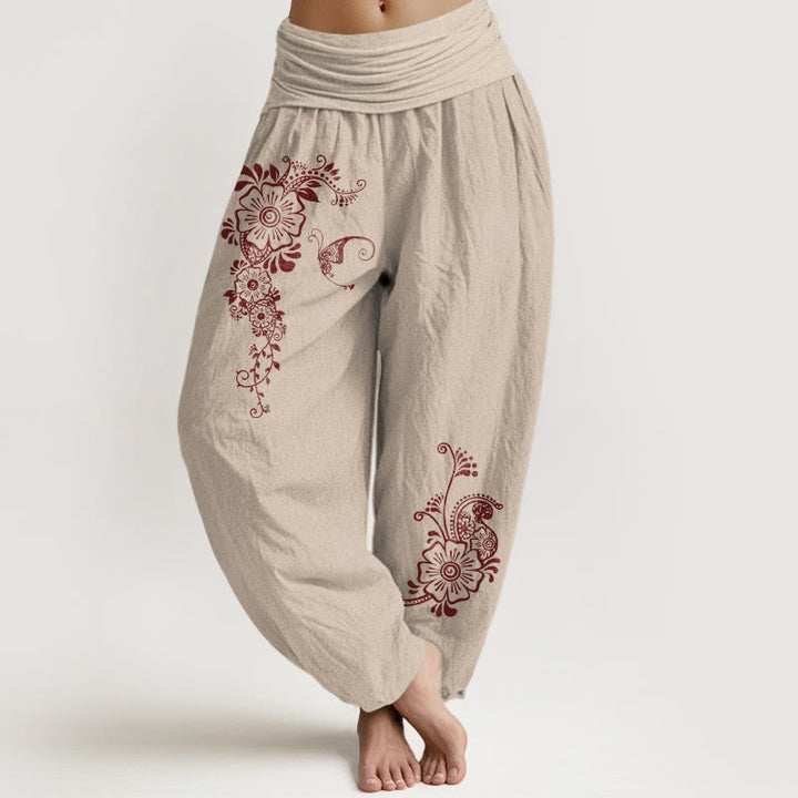 Buddha Stones Haremshose aus reiner Baumwolle mit schlichtem, elegantem Blumen-, Schmetterlings- und Rankenmuster sowie elastischem Bund. - Bräunen - US16, UK/AU20, EU48 (3XL) - image 11