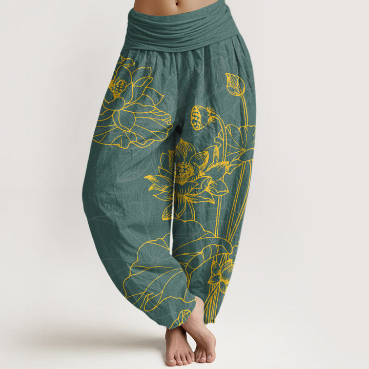Buddha Stones Haremshose aus reiner Baumwolle mit schlichtem Lotusblütenblatt-Knospenmuster und elastischem Bund für Damen. - Mittelaquamarin - US16, UK/AU20, EU48 (3XL) - image 0