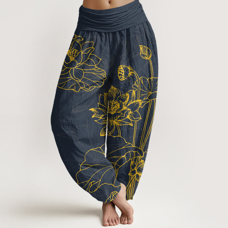 Buddha Stones Haremshose aus reiner Baumwolle mit schlichtem Lotusblütenblatt-Knospenmuster und elastischem Bund für Damen. - Dunkelschieferblau - US16, UK/AU20, EU48 (3XL) - image 5