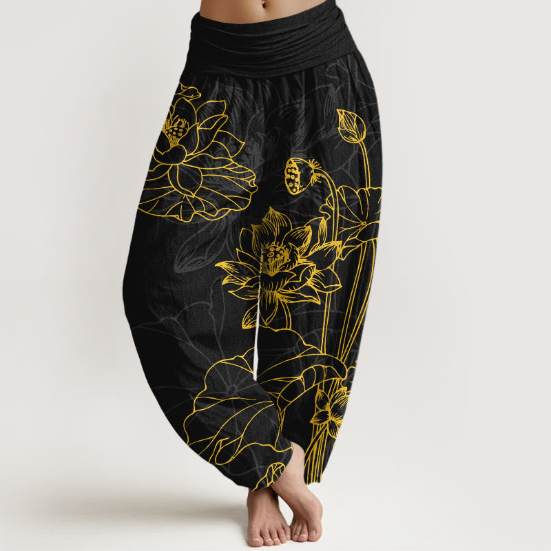 Buddha Stones Haremshose aus reiner Baumwolle mit schlichtem Lotusblütenblatt-Knospenmuster und elastischem Bund für Damen. - Schwarz - US16, UK/AU20, EU48 (3XL) - image 8