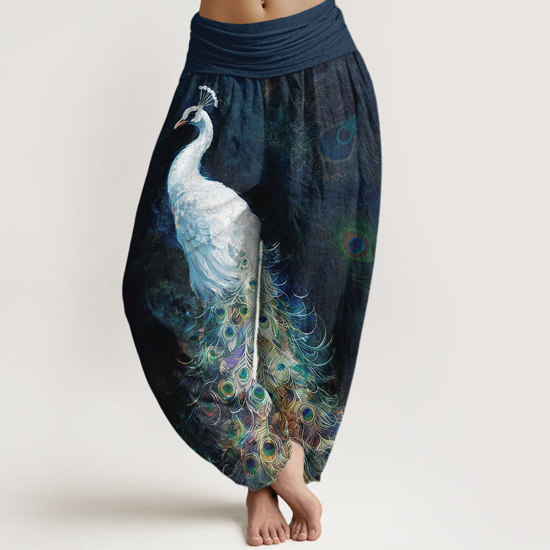 Buddha Stones Haremshose aus reiner Baumwolle mit wunderschönem Pfauenmuster und elastischem Bund für Damen. - Mitternachtsblau - US16, UK/AU20, EU48 (3XL) - image 0