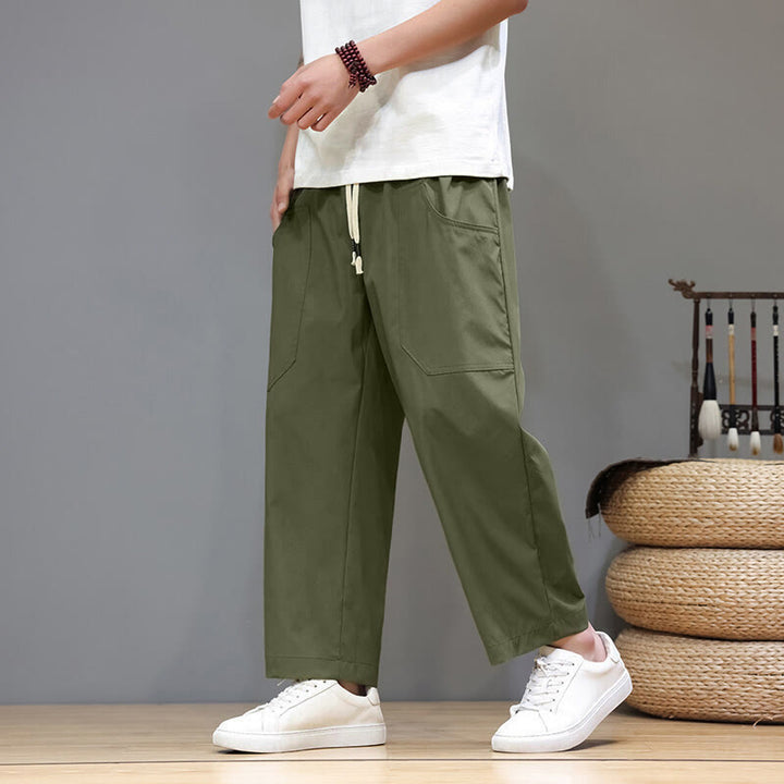 Buddha Stones Sommerhose für Herren, einfarbig, mit Kordelzug, geradem Bein, Länge 7-8, mit Taschen - Olivgrün - US/ UK/AU46, EU56 (5XL) - image 0