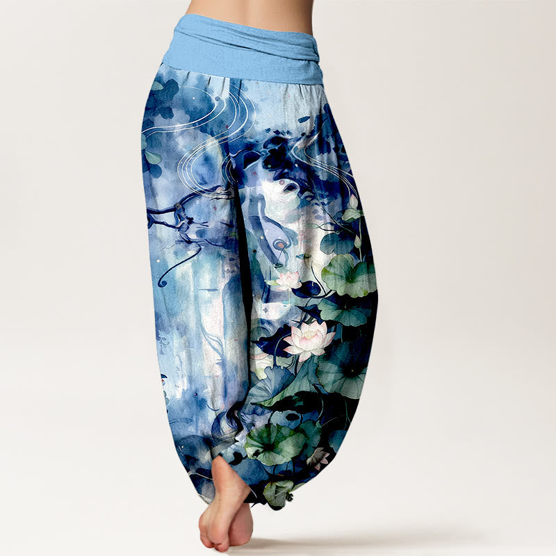 Buddha Stones Haremshose aus reiner Baumwolle im Aquarellstil mit Lotusblumen- und Blattmuster, elastischer Bund, Damen - image 1