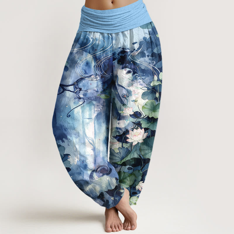 Buddha Stones Haremshose aus reiner Baumwolle im Aquarellstil mit Lotusblumen- und Blattmuster, elastischer Bund, Damen - Tiefblau - US16, UK/AU20, EU48 (3XL) - image 0