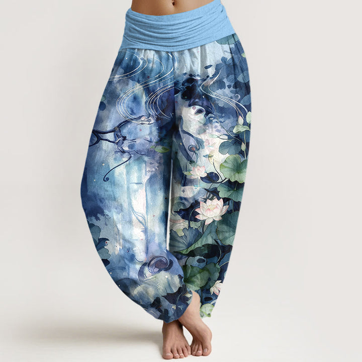 Buddha Stones Haremshose aus reiner Baumwolle im Aquarellstil mit Lotusblumen- und Blattmuster, elastischer Bund, Damen - Tiefblau - US16, UK/AU20, EU48 (3XL) - image 0
