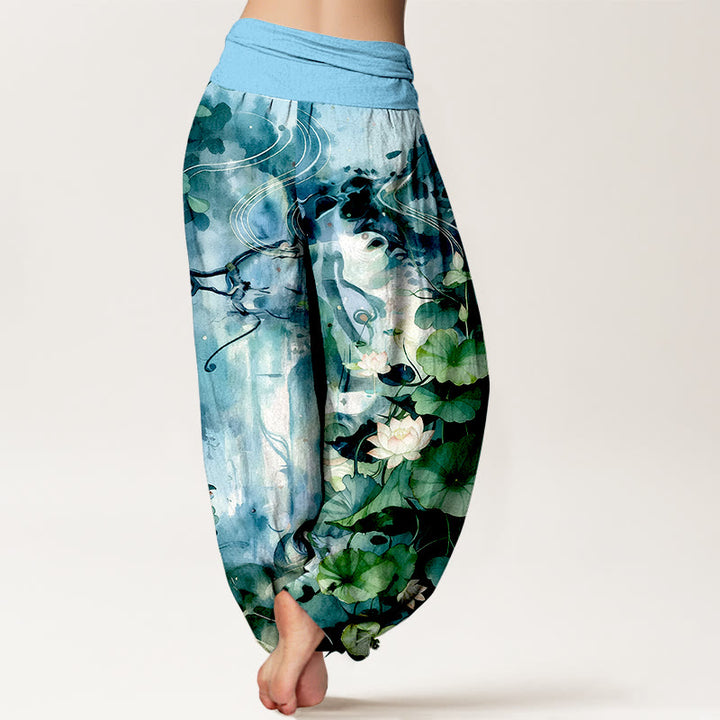 Buddha Stones Haremshose aus reiner Baumwolle im Aquarellstil mit Lotusblumen- und Blattmuster, elastischer Bund, Damen - image 6