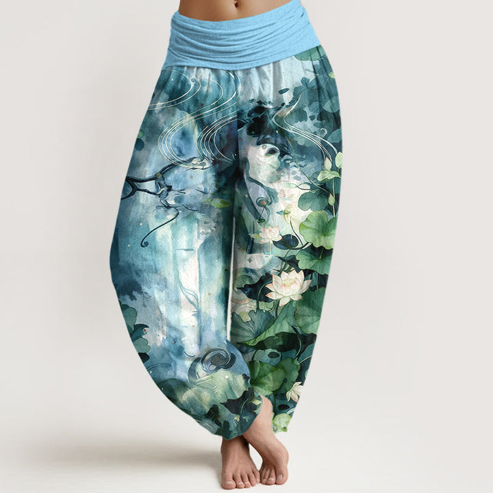 Buddha Stones Haremshose aus reiner Baumwolle im Aquarellstil mit Lotusblumen- und Blattmuster, elastischer Bund, Damen - Hellblau - US16, UK/AU20, EU48 (3XL) - image 5
