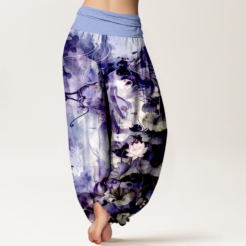 Buddha Stones Haremshose aus reiner Baumwolle im Aquarellstil mit Lotusblumen- und Blattmuster, elastischer Bund, Damen - image 9