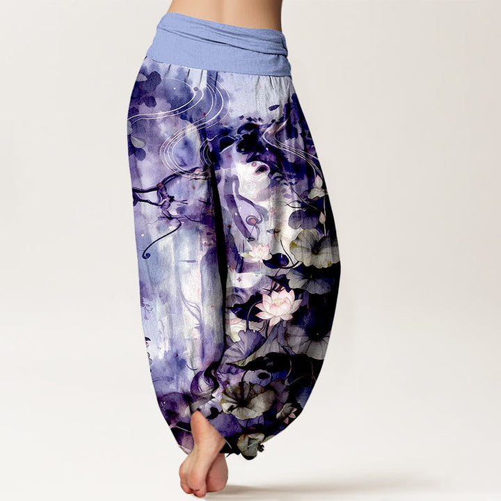 Buddha Stones Haremshose aus reiner Baumwolle im Aquarellstil mit Lotusblumen- und Blattmuster, elastischer Bund, Damen - image 9