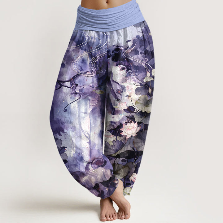 Buddha Stones Haremshose aus reiner Baumwolle im Aquarellstil mit Lotusblumen- und Blattmuster, elastischer Bund, Damen - DarkOrchid - US16, UK/AU20, EU48 (3XL) - image 8
