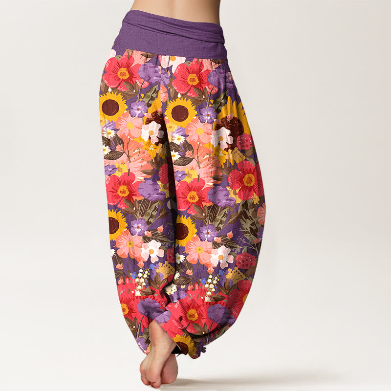Buddha Stones Haremshose aus reiner Baumwolle mit buntem Sonnenblumen- und Gänseblümchenmuster (kleine rote und violette Blüten) und elastischem Bund für Damen - image 6