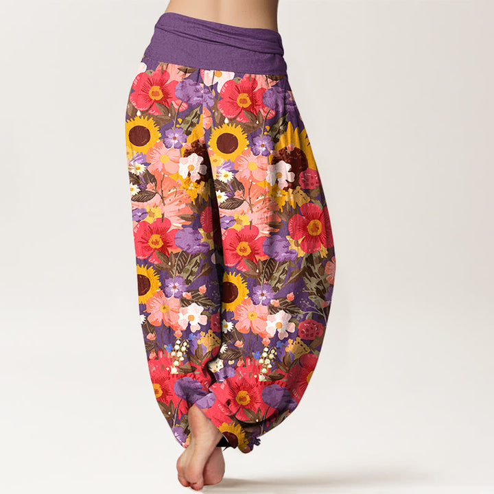 Buddha Stones Haremshose aus reiner Baumwolle mit buntem Sonnenblumen- und Gänseblümchenmuster (kleine rote und violette Blüten) und elastischem Bund für Damen - image 6