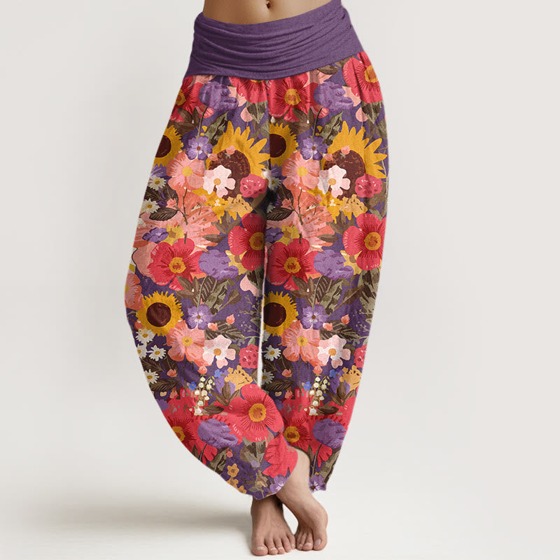 Buddha Stones Haremshose aus reiner Baumwolle mit buntem Sonnenblumen- und Gänseblümchenmuster (kleine rote und violette Blüten) und elastischem Bund für Damen - DarkOrchid - US16, UK/AU20, EU48 (3XL) - image 5