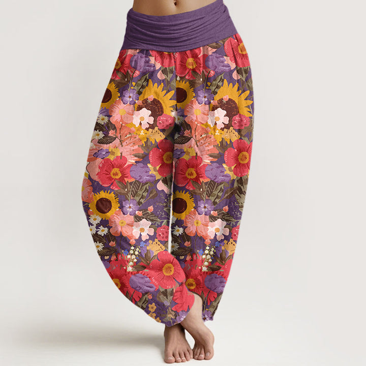 Buddha Stones Haremshose aus reiner Baumwolle mit buntem Sonnenblumen- und Gänseblümchenmuster (kleine rote und violette Blüten) und elastischem Bund für Damen - DarkOrchid - US16, UK/AU20, EU48 (3XL) - image 5