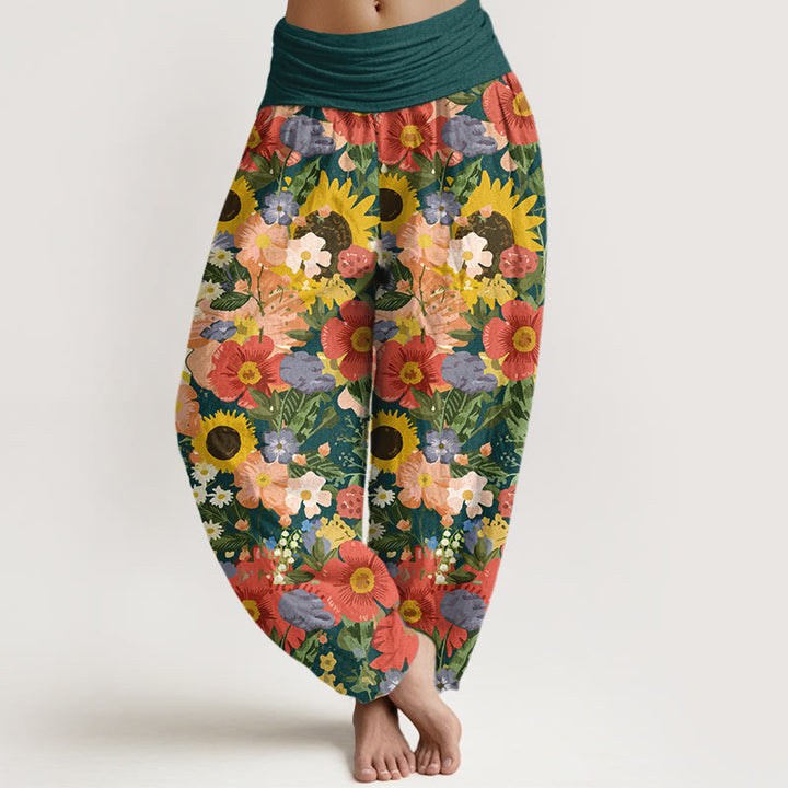 Buddha Stones Haremshose aus reiner Baumwolle mit buntem Sonnenblumen- und Gänseblümchenmuster (kleine rote und violette Blüten) und elastischem Bund für Damen - Dunkelgrün - US16, UK/AU20, EU48 (3XL) - image 8