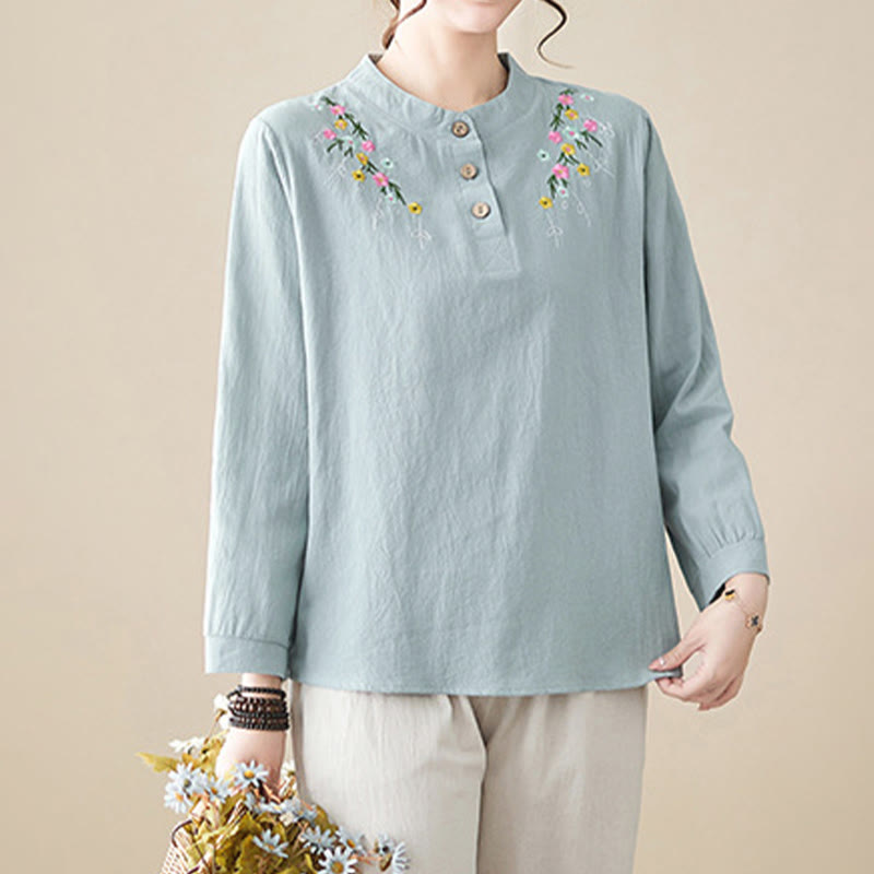 Buddha Stones Damen-Frühlingsbluse mit besticktem Blumenmuster, Stehkragen und langen Ärmeln aus Baumwolle - image 9
