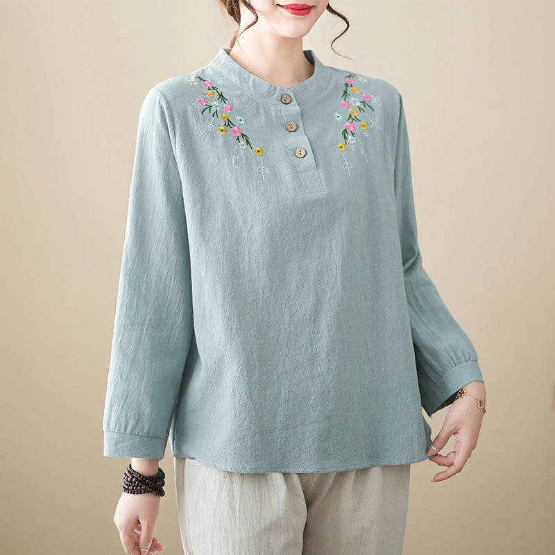Buddha Stones Damen-Frühlingsbluse mit besticktem Blumenmuster, Stehkragen und langen Ärmeln aus Baumwolle - Hellblau - US12, UK/AU16, EU44 (3XL) - image 5