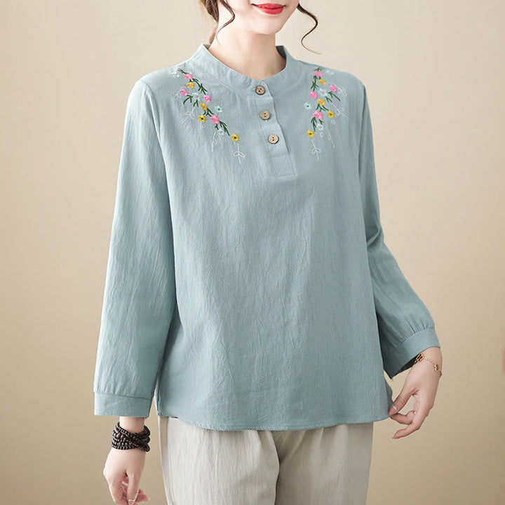 Buddha Stones Damen-Frühlingsbluse mit besticktem Blumenmuster, Stehkragen und langen Ärmeln aus Baumwolle - Hellblau - US12, UK/AU16, EU44 (3XL) - image 5