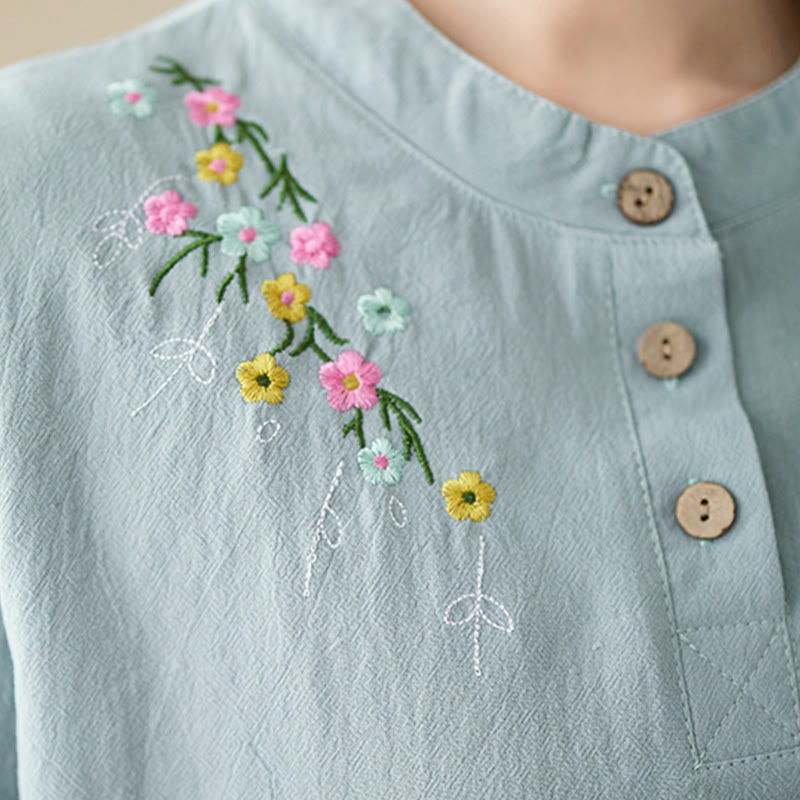 Buddha Stones Damen-Frühlingsbluse mit besticktem Blumenmuster, Stehkragen und langen Ärmeln aus Baumwolle - image 13