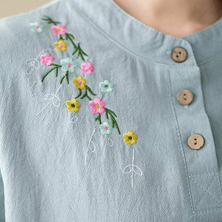 Buddha Stones Damen-Frühlingsbluse mit besticktem Blumenmuster, Stehkragen und langen Ärmeln aus Baumwolle - image 13