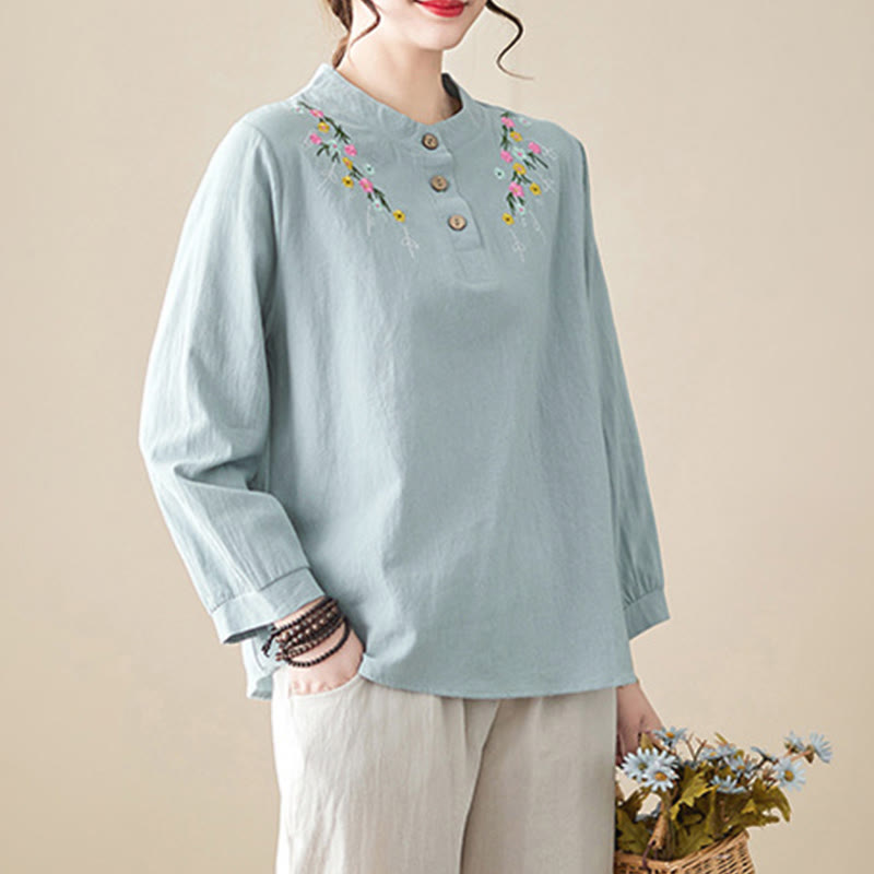 Buddha Stones Damen-Frühlingsbluse mit besticktem Blumenmuster, Stehkragen und langen Ärmeln aus Baumwolle - image 6