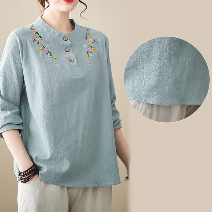 Buddha Stones Damen-Frühlingsbluse mit besticktem Blumenmuster, Stehkragen und langen Ärmeln aus Baumwolle - image 19