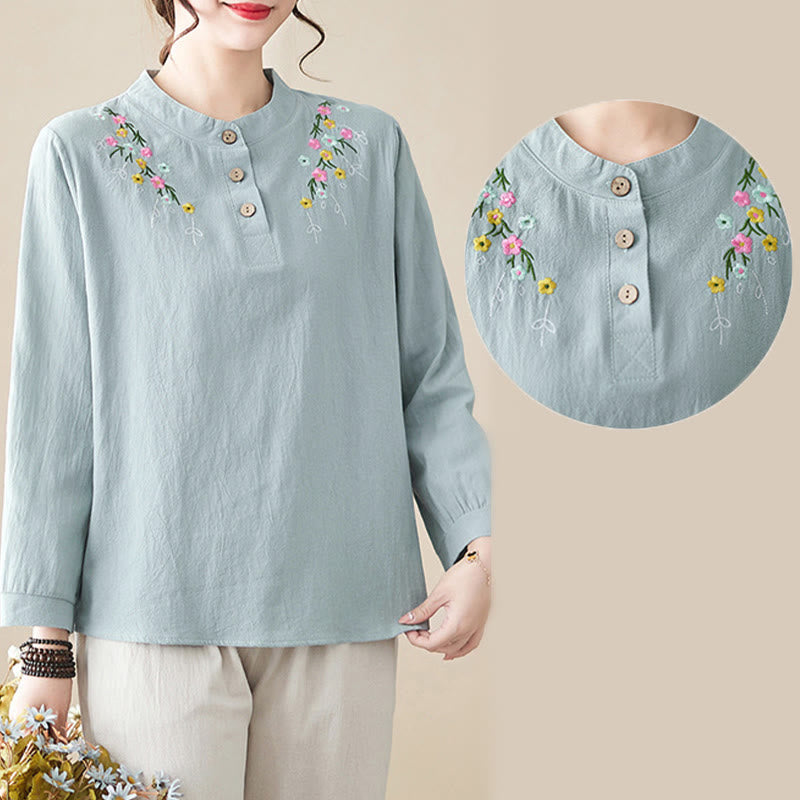 Buddha Stones Damen-Frühlingsbluse mit besticktem Blumenmuster, Stehkragen und langen Ärmeln aus Baumwolle - image 17