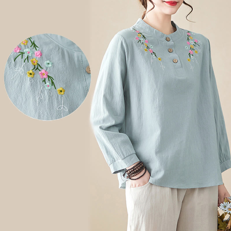 Buddha Stones Damen-Frühlingsbluse mit besticktem Blumenmuster, Stehkragen und langen Ärmeln aus Baumwolle - image 18