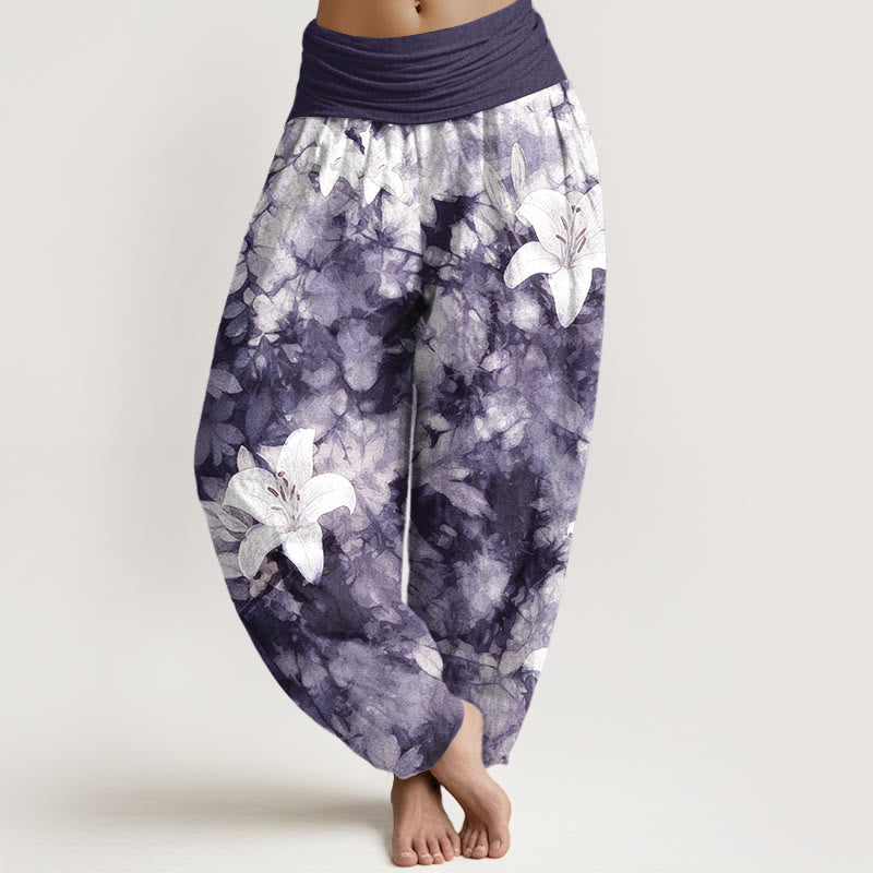 Buddha Stones Haremshose aus reiner Baumwolle im Aquarellstil mit Lilienmuster und elastischem Bund für Damen - Indigo - US16, UK/AU20, EU48 (3XL) - image 5